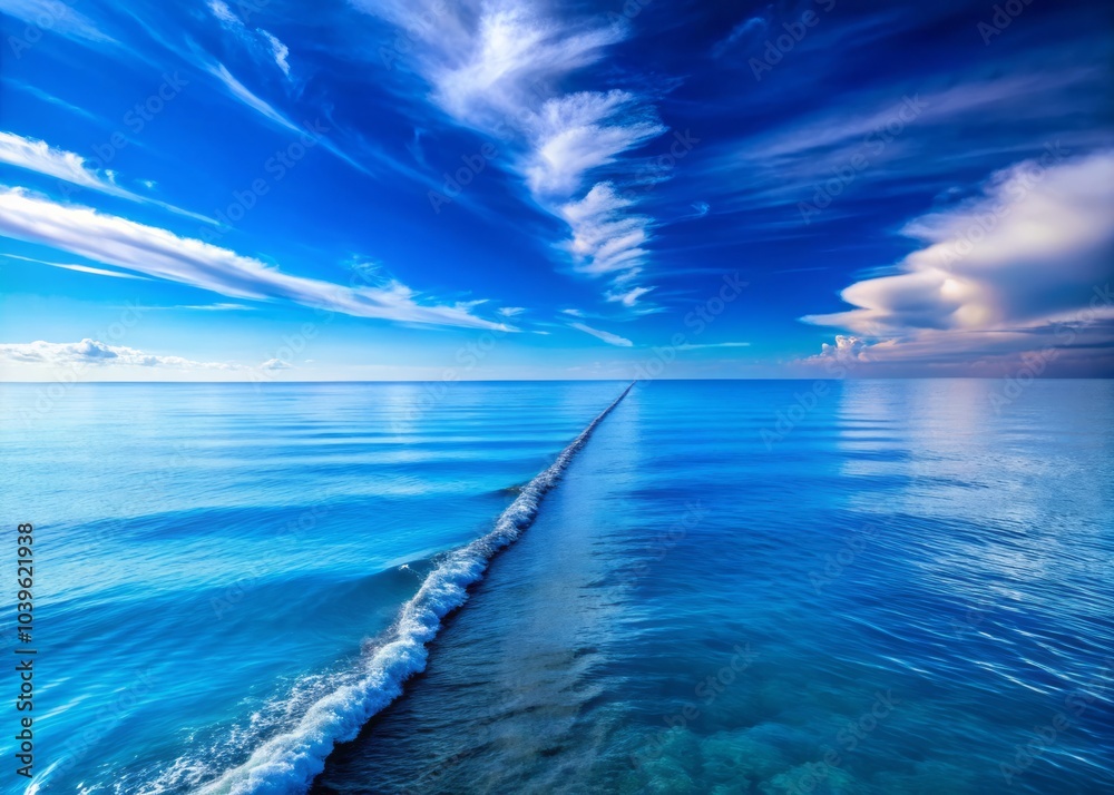Obraz premium Endless Blue Horizon Meeting the Shoreline at Sunrise with Gentle Waves and Clear Blue Skies