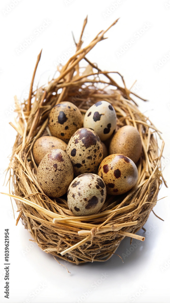 Speckled Quail Eggs in a Straw and Twig Nest Speckled Quail Eggs in a Straw and Twig Nest