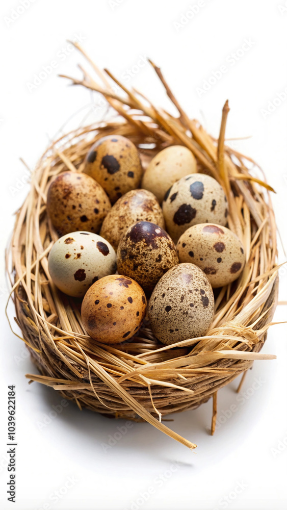 Speckled Quail Eggs in a Straw and Twig Nest Speckled Quail Eggs in a Straw and Twig Nest