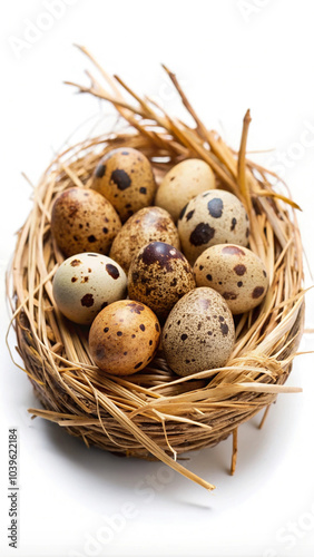 Speckled Quail Eggs in a Straw and Twig Nest