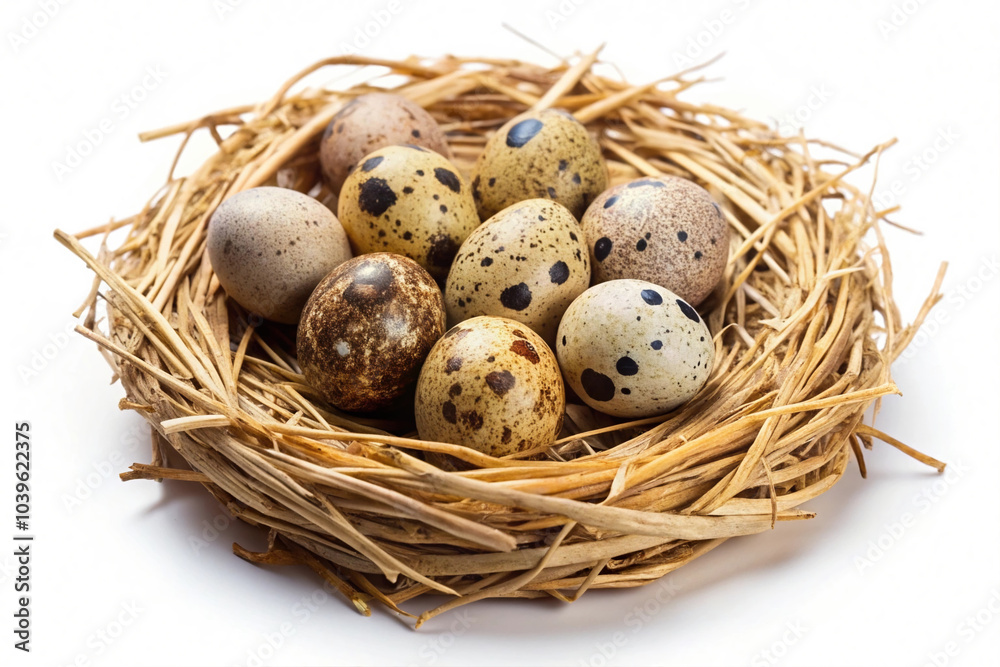 Speckled Quail Eggs in a Straw and Twig Nest Speckled Quail Eggs in a Straw and Twig Nest