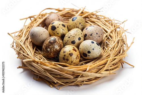 Speckled Quail Eggs in a Straw and Twig Nest