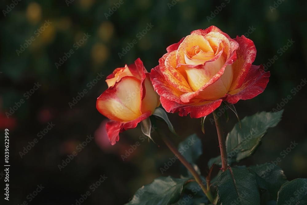 Red garden roses with yellow patterns blooming in Bandung. Red garden roses with yellow patterns blooming in Bandung.