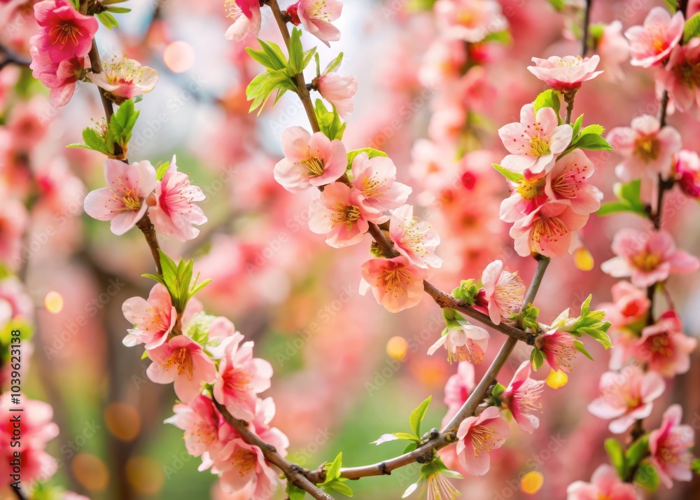 Blossoming Peach Branches Adorned with Delicate Coral Pink Garlands in a Serene Spring Setting Blossoming Peach Branches Adorned with Delicate Coral Pink Garlands in a Serene Spring Setting