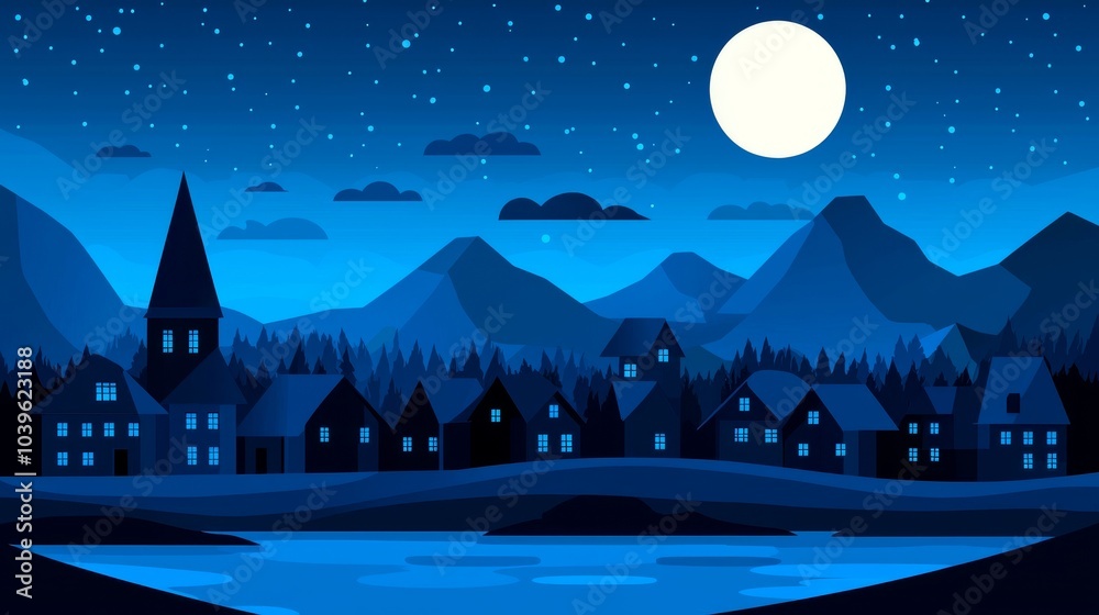 Fototapeta premium Nighttime Village Landscape with Moon and Stars