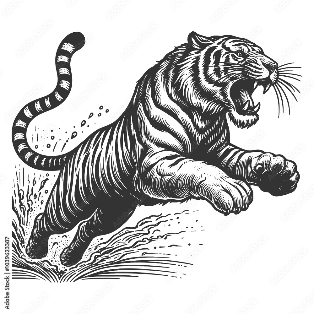 fierce leaping tiger tattoo design with an open mouth, drawn in an engraving style sketch engraving generative ai raster illustration. Scratch board imitation. Black and white image. fierce leaping tiger tattoo design with an open mouth, drawn in an engraving style sketch engraving generative ai raster illustration. Scratch board imitation. Black and white image.