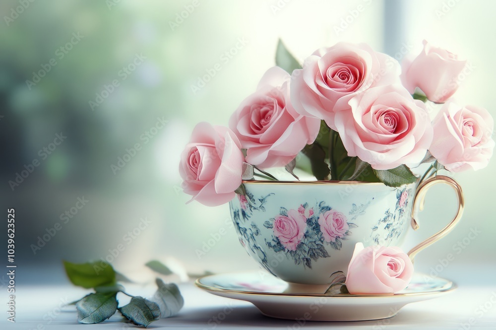Beautiful fresh pink roses in a beautiful porcelain cup on a light background . Beautiful fresh pink roses in a beautiful porcelain cup on a light background .