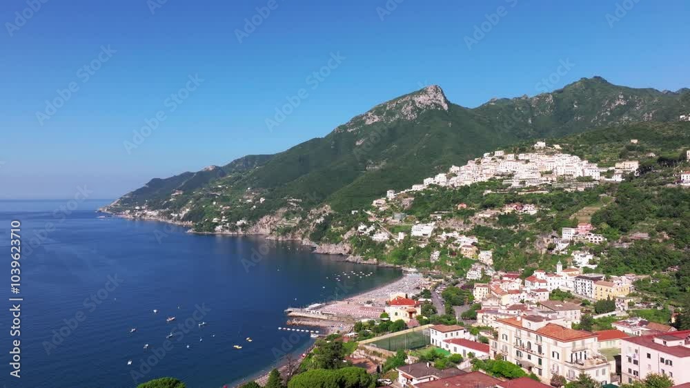 Panoramic view of Vietri sul Mare from Salerno, Italy, The Amalfitana is an Italian coastal road in the province of Salerno that leads from Meta di Sorrento to Vietri sul Mare, Beautiful view Panoramic view of Vietri sul Mare from Salerno, Italy, The Amalfitana is an Italian coastal road in the province of Salerno that leads from Meta di Sorrento to Vietri sul Mare, Beautiful view
