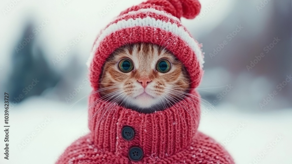 Cute Cat Wearing Pink Knit Hat and Scarf in Winter Cute Cat Wearing Pink Knit Hat and Scarf in Winter