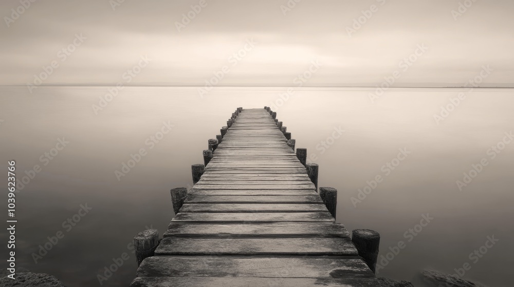 Obraz premium Serene view of an ancient wooden pier extending over calm waters at sunset, capturing the tranquility of a historic waterfront landscape with soft reflections in golden light