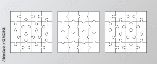 Jigsaw business chain infographic with 16 pieces. Puzzle grids collection. Puzzle infographics. Process diagram presentation. Business info graphic with steps, parts. Vector illustration