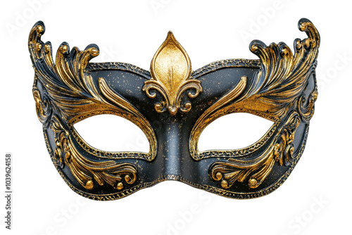 Elegant masquerade mask with intricate gold detailing on a transparent background. perfect for costume parties or themed events. photo