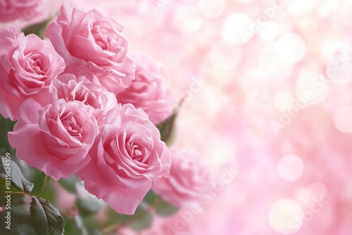 border of pink rose flowers on pink bokeh background