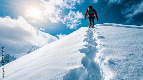A climber climbs a steep cliff on a white snowy mountain. photo