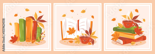 Books with autumn bright leaves. Set of layout design for bookshop, library, bookstore, festival or education. Vector illustration
