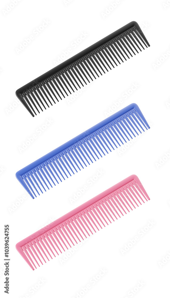 Three plastic hair combs in black, blue, and pink colors, isolated on a white background. Concept of hairstyling or grooming tools. 3D Rendering Three plastic hair combs in black, blue, and pink colors, isolated on a white background. Concept of hairstyling or grooming tools. 3D Rendering