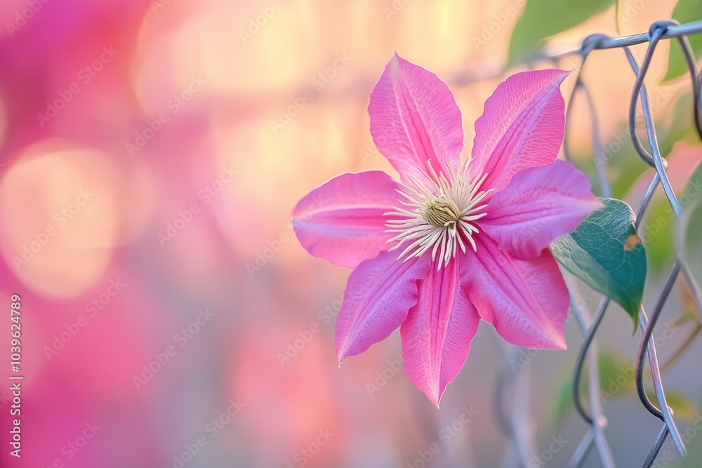Clematis flower on a fence. Close up shot with beautiful bokeh Clematis flower on a fence. Close up shot with beautiful bokeh