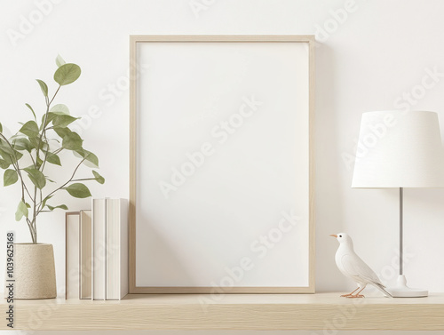 minimalist interior scene featuring blank frame, potted plant, stacked books, lamp, and decorative bird. soft colors create serene and inviting atmosphere