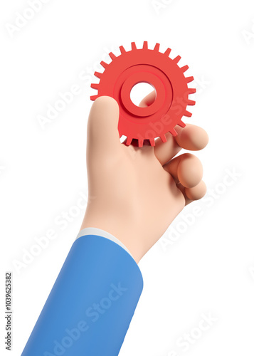 A hand holding a red gear, isolated on a white background. Minimalistic style. Concept of mechanics, industry, or engineering. 3D Rendering photo