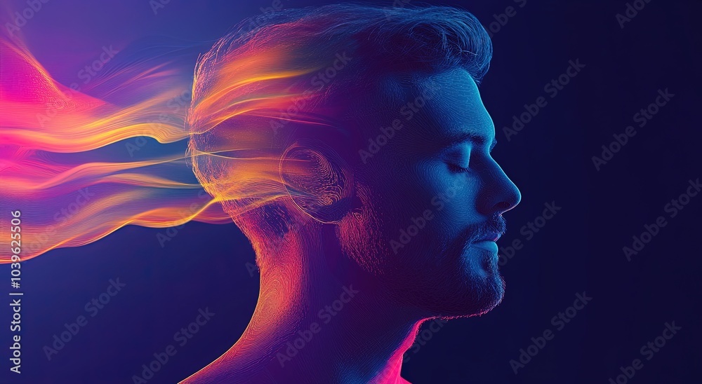 Abstract double exposure of a man's head with glitch effects, waves, vibrant gradients, and a dark blue-purple background. Abstract double exposure of a man's head with glitch effects, waves, vibrant gradients, and a dark blue-purple background.