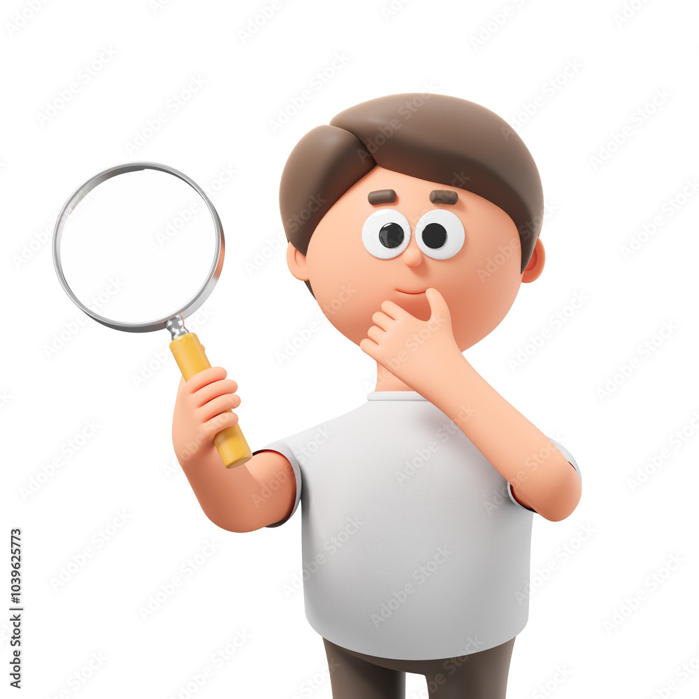 A cartoon character holding a magnifying glass, thinking with a hand on their chin. Isolated on a white background. Concept of discovery. 3D Rendering A cartoon character holding a magnifying glass, thinking with a hand on their chin. Isolated on a white background. Concept of discovery. 3D Rendering