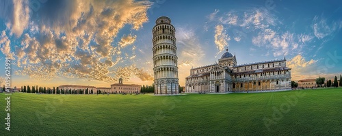 The Leaning Tower of Pisa in Italy Surrounded by Lush Green Lawn and a Dramatic Sunset Sky