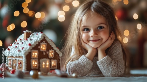 A young girl is smiling and laying on a table with a gingerbread house