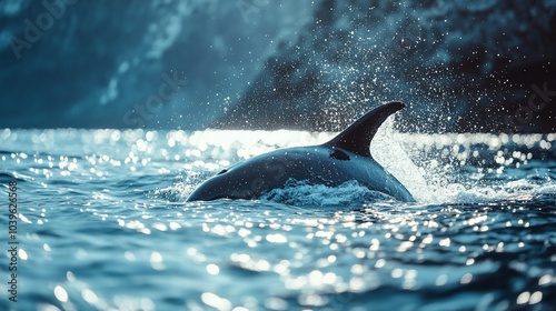 A lone orca swims through the ocean waters, its fin breaking the surface and creating a spray of water.