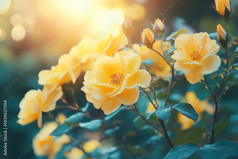 Japanese rose bush with yellow blooms in spring garden. Japanese rose bush with yellow blooms in spring garden.