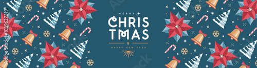 Merry Christmas and Happy New Year greeting banner with holiday attributes. Christmas background. Flat design. Vector illustration