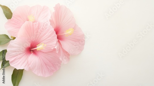 A pink flower with a yellow center sits on a white background