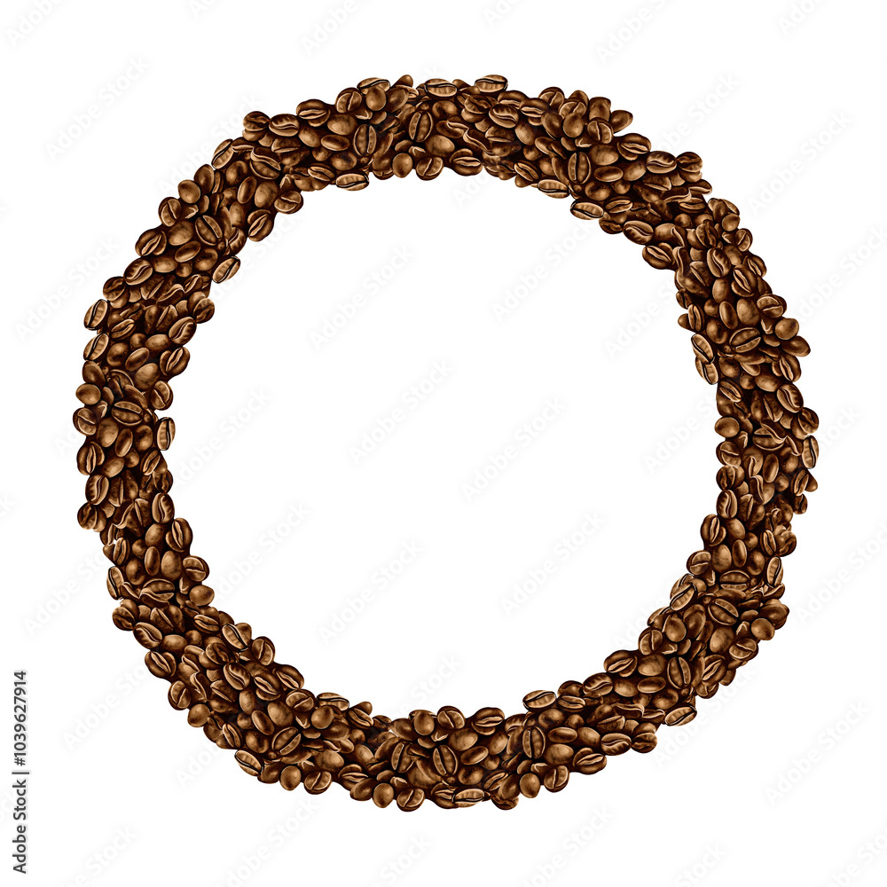 Wreath of tightly arranged coffee beans. Dark brown coffee. Roasted coffee beans. Round wreath. Watercolor illustration Wreath of tightly arranged coffee beans. Dark brown coffee. Roasted coffee beans. Round wreath. Watercolor illustration