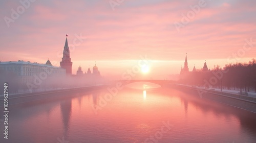 A river with a bridge and a tower in the background
