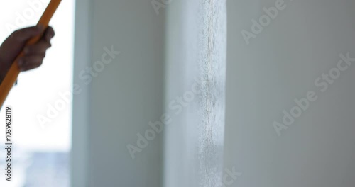 Man painter painting a house wall with a white paint roller. Painting and repair of the premises.