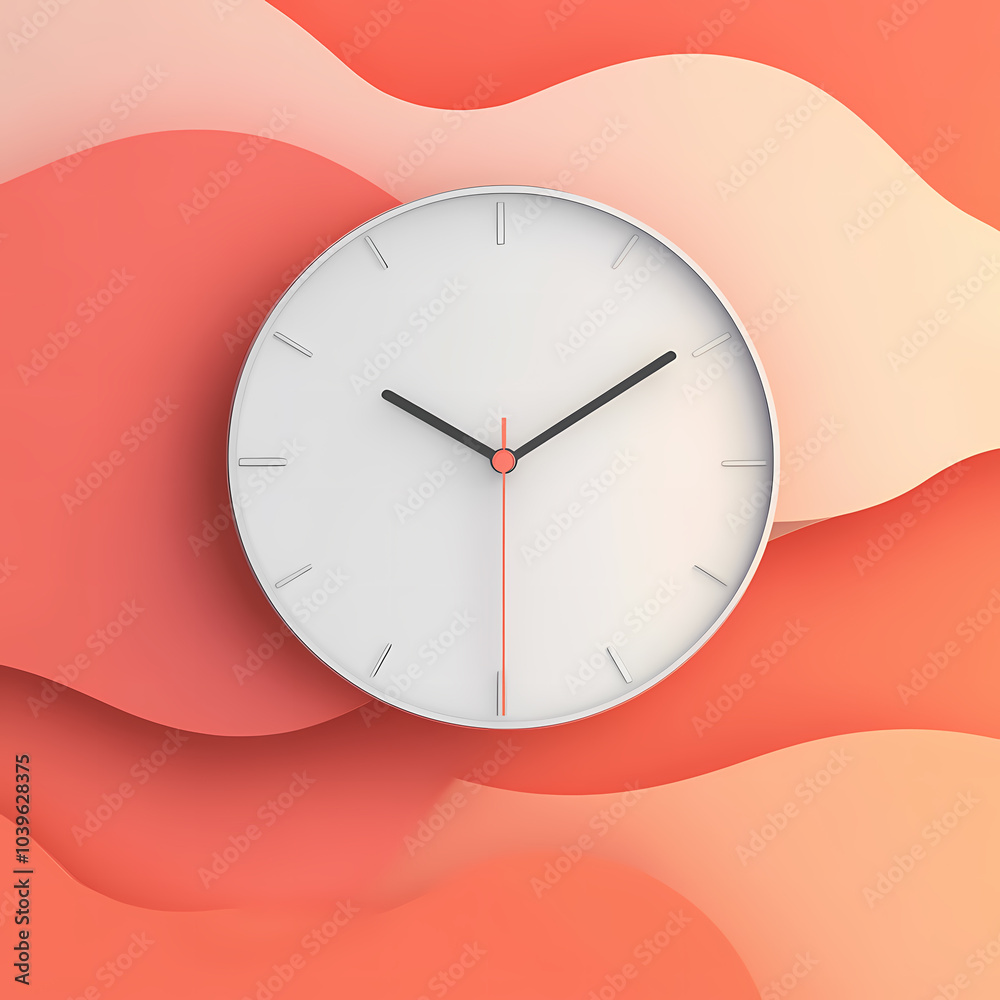 A minimalist white clock with black hands and a red second hand sits against a backdrop of peach and coral wavy lines.