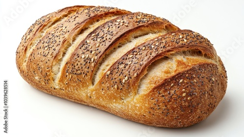 A freshly baked loaf of bread with a golden crust and sesame seeds.