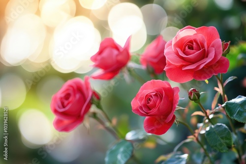 Vibrant red rose flowers blooming in garden  close up photo.