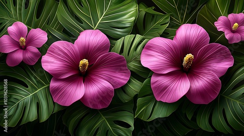 Vibrant Pink Flowers with Lush Green Leaves - Tropical Floral Wallpaper