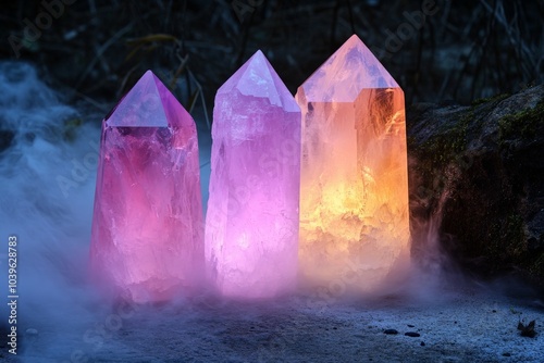 A trio of glowing crystals stands strikingly amidst a mystical fog, portraying an awe-inspiring interplay of light and shadow against a mysterious landscape. photo