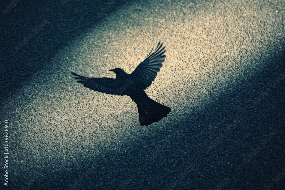 Obraz premium A bird's shadow is beautifully illuminated on a dark, textured ground, creating an ethereal and captivating display of light and form, evoking deep contemplation.