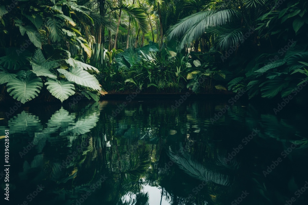 Fototapeta A tranquil jungle scene filled with vibrant greenery, showcasing a serene body of water reflecting the lush plants surrounding it, evoking a sense of peace and wonder.