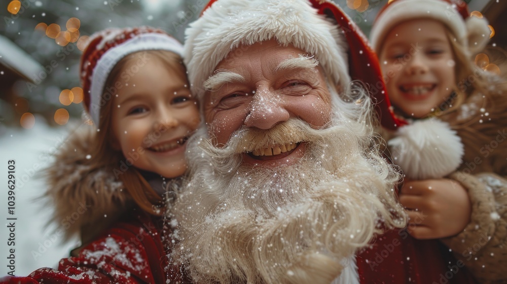 A man in a Santa hat is smiling at two children A man in a Santa hat is smiling at two children