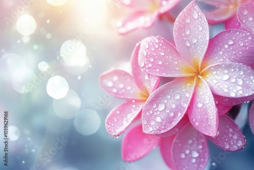 Sunshine on blooming Plumeria flowers with water drops.