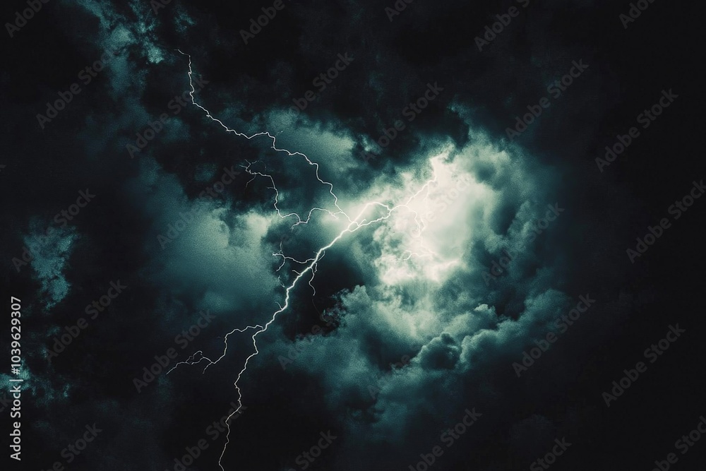 Fototapeta premium A striking lightning bolt dances across the dark, brooding cloudy skies, revealing the dramatic tension and beauty inherent in powerful weather phenomena.