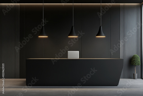 Modern reception desk with laptop and pendant lights in minimalist office