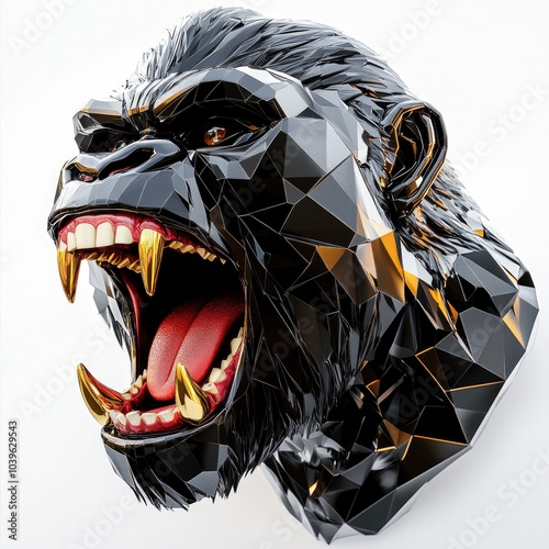 Black and gold gorilla head with sharp teeth made of geometric shapes photo