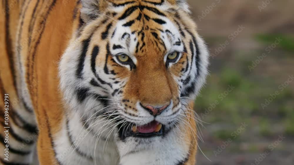 Siberian tiger (Panthera tigris altaica) walking, cat patrolling its territory Siberian tiger (Panthera tigris altaica) walking, cat patrolling its territory