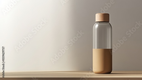 Rustic simplicity, glass bottle with wooden lid on a timeless wooden table rustic