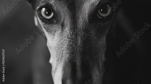  A black-and-white image of a dog gazing intently, eyes wide open, directly at the camera