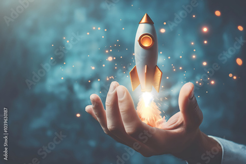 Hand holding launching rocket symbolizing innovation, startup success, and business growth,for illustrating entrepreneurship,creativity,futuristic technology concepts in marketing,leadership campaigns photo